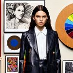 **Prompt:** A stylish fashion coordinator, with a thoughtful expression, surrounded by elements representing creative vision and technical knowledge. Include a vibrant color wheel, various fabric swatches with distinct textures (silk, wool, leather), a mood board filled with diverse inspirations (classic art, nature, architecture), and fashion sketches. The ambiance should be artistic and analytical, highlighting the blend of art and science in fashion.