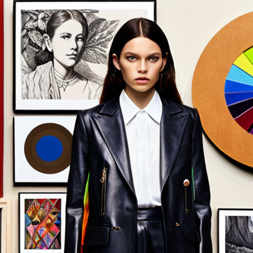 **Prompt:** A stylish fashion coordinator, with a thoughtful expression, surrounded by elements representing creative vision and technical knowledge. Include a vibrant color wheel, various fabric swatches with distinct textures (silk, wool, leather), a mood board filled with diverse inspirations (classic art, nature, architecture), and fashion sketches. The ambiance should be artistic and analytical, highlighting the blend of art and science in fashion.