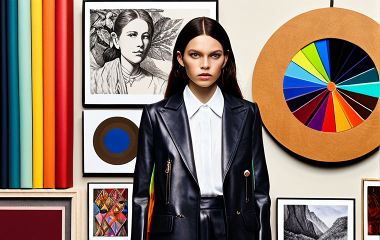 **Prompt:** A stylish fashion coordinator, with a thoughtful expression, surrounded by elements representing creative vision and technical knowledge. Include a vibrant color wheel, various fabric swatches with distinct textures (silk, wool, leather), a mood board filled with diverse inspirations (classic art, nature, architecture), and fashion sketches. The ambiance should be artistic and analytical, highlighting the blend of art and science in fashion.