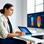 A professional female fashion coordinator, in her late 30s, with a confident and focused expression, wearing a chic yet modest business ensemble, a tailored blazer over an elegant blouse and well-fitted trousers. She is seated at a large, clean desk in a brightly lit, contemporary fashion studio. Large digital screens behind her display intricate fashion trend data, AI-generated style predictions, and virtual garment renderings. A few stylish mannequins or mood boards are subtly visible in the background. She is looking at a laptop screen, with one hand resting on a tablet, deeply engrossed in data analysis. Her pose is natural and professional. perfect anatomy, correct proportions, natural pose, well-formed hands, proper finger count, natural body proportions, high-quality digital illustration, professional photography, soft studio lighting, ultra-realistic, fully clothed, modest clothing, appropriate attire, professional dress, safe for work, appropriate content, family-friendly.