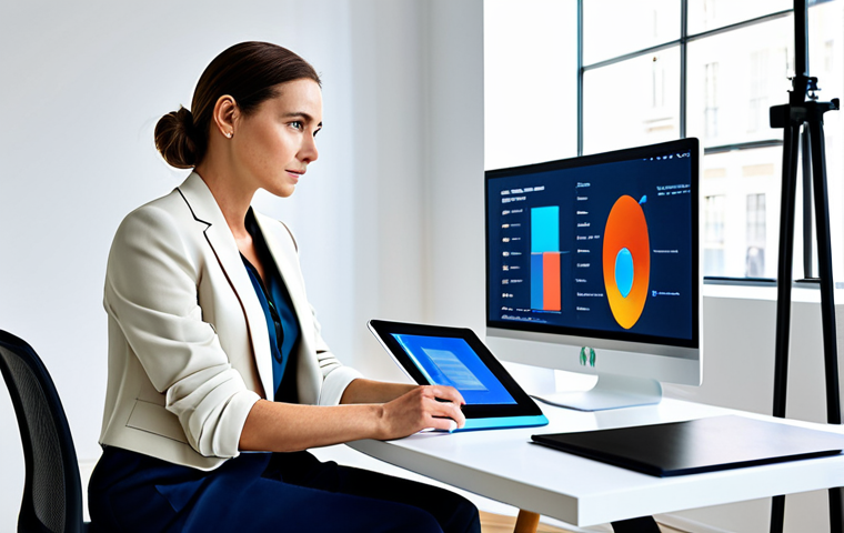 A professional female fashion coordinator, in her late 30s, with a confident and focused expression, wearing a chic yet modest business ensemble, a tailored blazer over an elegant blouse and well-fitted trousers. She is seated at a large, clean desk in a brightly lit, contemporary fashion studio. Large digital screens behind her display intricate fashion trend data, AI-generated style predictions, and virtual garment renderings. A few stylish mannequins or mood boards are subtly visible in the background. She is looking at a laptop screen, with one hand resting on a tablet, deeply engrossed in data analysis. Her pose is natural and professional. perfect anatomy, correct proportions, natural pose, well-formed hands, proper finger count, natural body proportions, high-quality digital illustration, professional photography, soft studio lighting, ultra-realistic, fully clothed, modest clothing, appropriate attire, professional dress, safe for work, appropriate content, family-friendly.