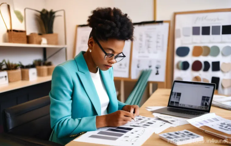 패션 코디네이터의 현장 직무 체크리스트 - **"A fashion coordinator diligently preparing for an upcoming photoshoot in a brightly lit, organize...