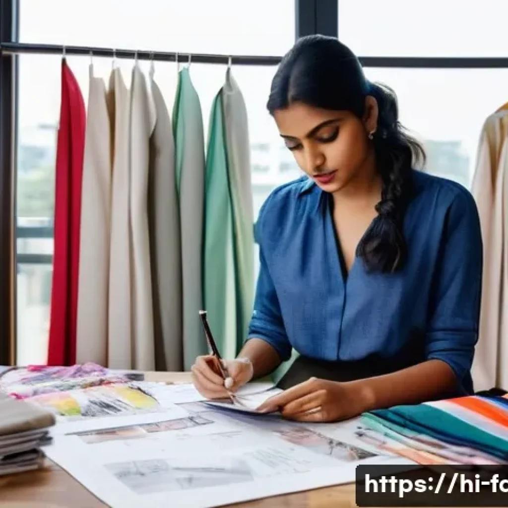 패션 코디네이터의 성공 사례 인터뷰 - A young Indian fashion coordinator in a modern studio setting, thoughtfully sketching outfit designs...