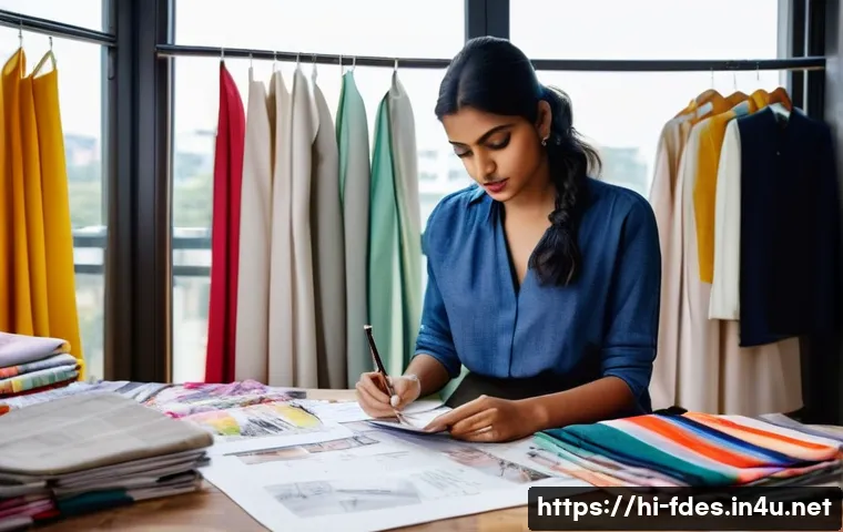 패션 코디네이터의 성공 사례 인터뷰 - A young Indian fashion coordinator in a modern studio setting, thoughtfully sketching outfit designs...