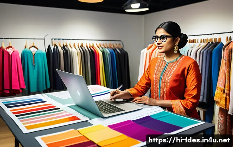 패션 코디네이터의 고객 설문 조사 - A professional Indian fashion coordinator conducting a detailed customer preference survey in a mode...