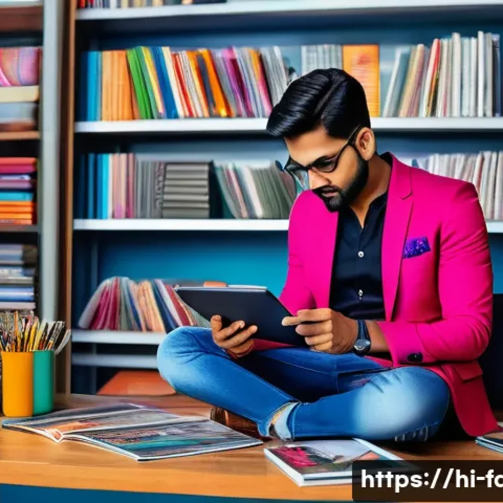 패션 코디네이터의 스타일 개발 사례 - A stylish Indian fashion coordinator in a modern urban setting, analyzing colorful fashion magazines...