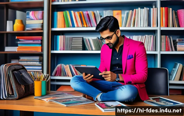 패션 코디네이터의 스타일 개발 사례 - A stylish Indian fashion coordinator in a modern urban setting, analyzing colorful fashion magazines...