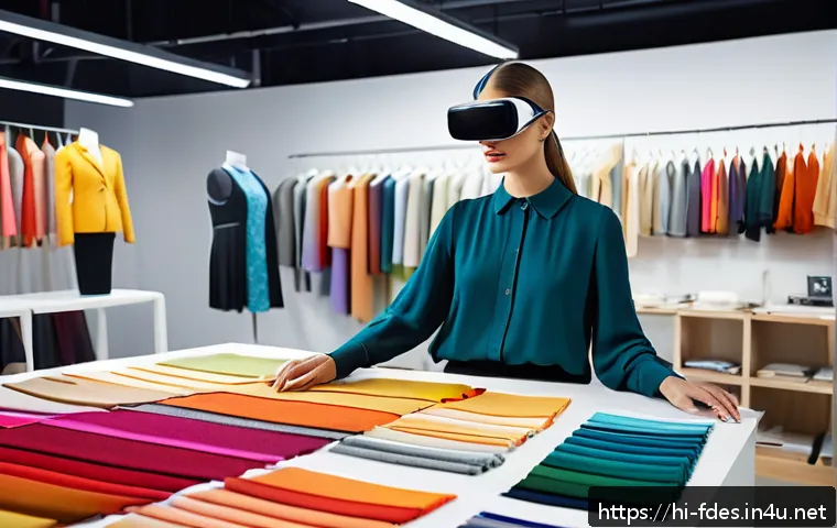 패션 코디네이터 국제 자격증 정보 - A professional fashion coordinator in a modern studio environment, analyzing vibrant fabric swatches...
