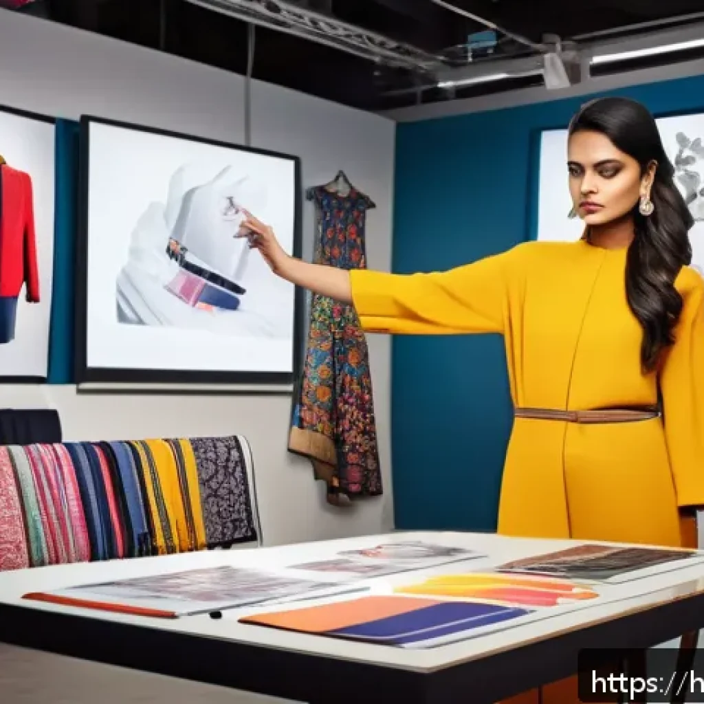 패션 코디네이터의 채용 기준 분석 - A creative fashion coordinator in a modern studio setting, thoughtfully analyzing the latest trends ...