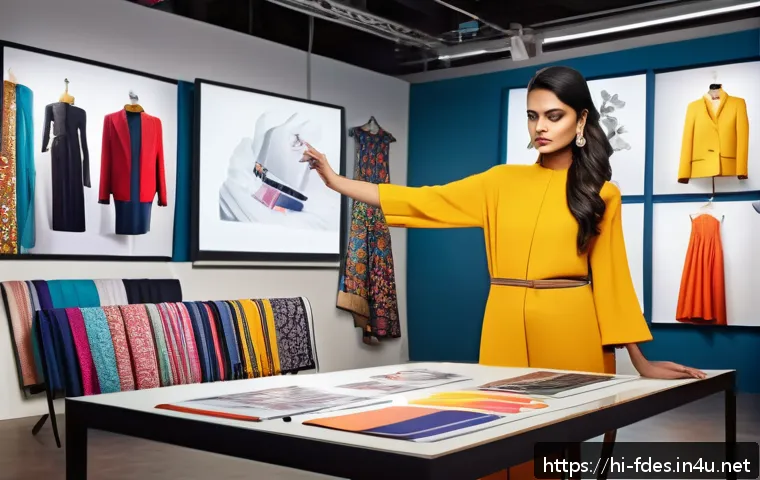 패션 코디네이터의 채용 기준 분석 - A creative fashion coordinator in a modern studio setting, thoughtfully analyzing the latest trends ...