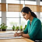 패션 코디네이터의 지속 가능한 패션 도전기 - A detailed scene of a sustainable fashion coordinator in a modern eco-friendly office, carefully sel...