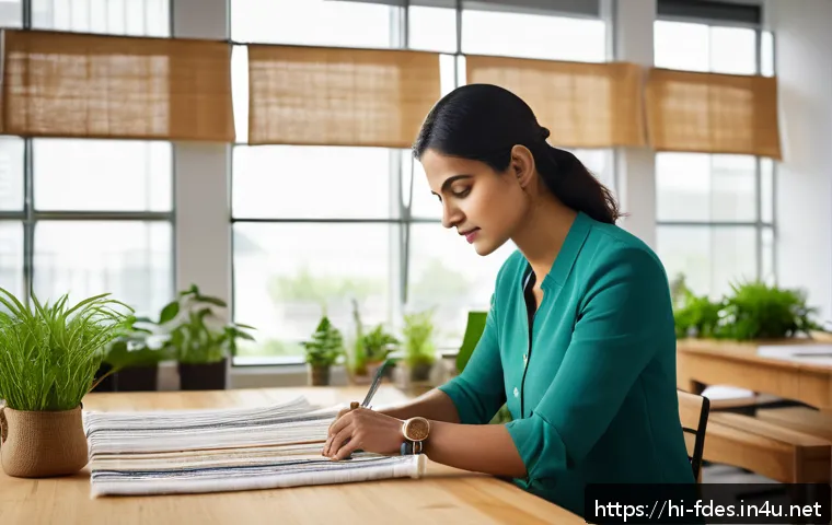 패션 코디네이터의 지속 가능한 패션 도전기 - A detailed scene of a sustainable fashion coordinator in a modern eco-friendly office, carefully sel...