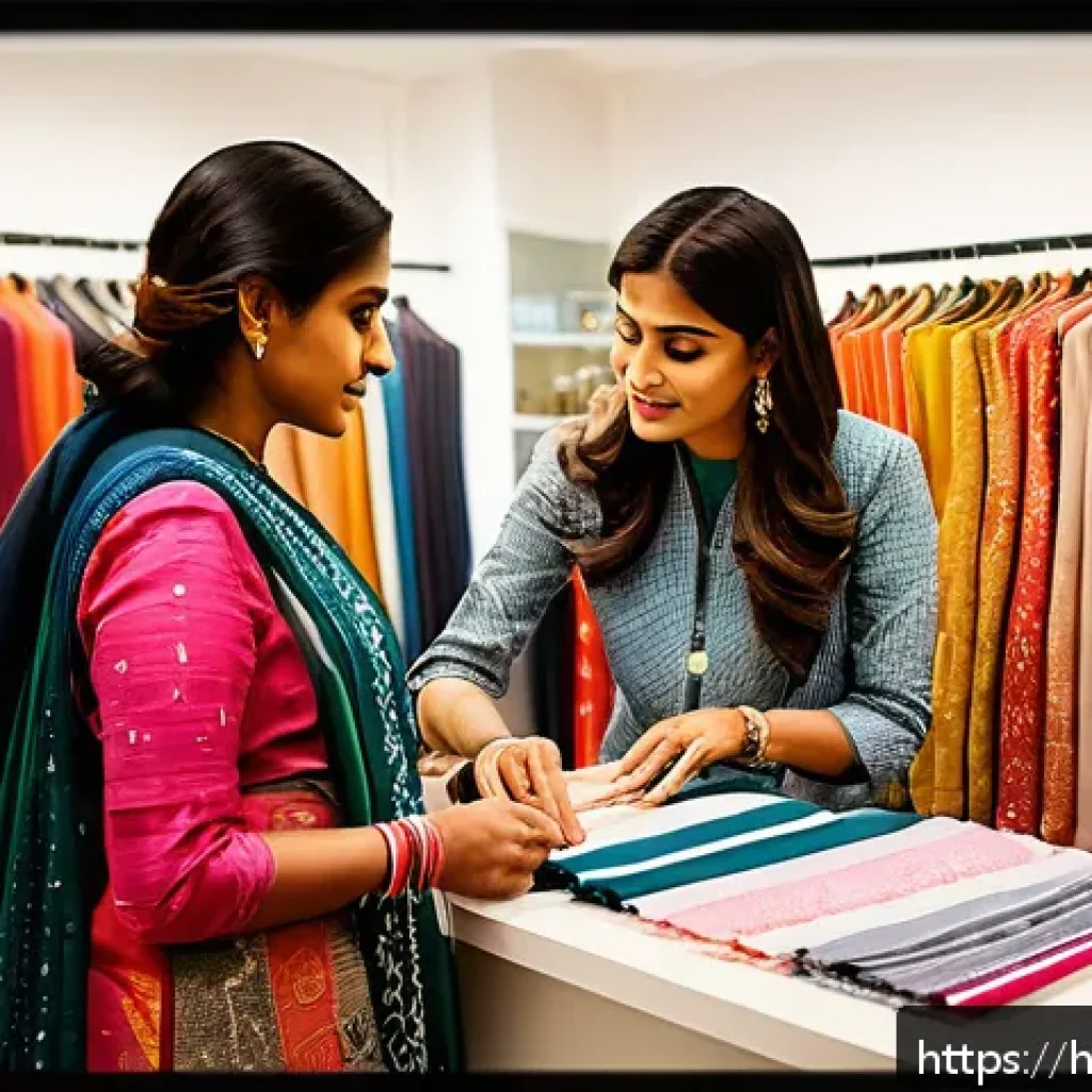 패션 코디네이터의 직업 윤리 사례 - A professional fashion coordinator consulting with a diverse Indian client in a modern boutique sett...