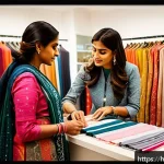 패션 코디네이터의 직업 윤리 사례 - A professional fashion coordinator consulting with a diverse Indian client in a modern boutique sett...