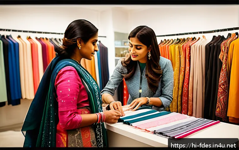 패션 코디네이터의 직업 윤리 사례 - A professional fashion coordinator consulting with a diverse Indian client in a modern boutique sett...
