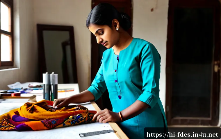 Home 17 패션 코디네이터와 의류 리폼 아이디어 - Photorealistic Indian fashion coordinator in a bright, organized tailoring studio, thoughtfully comp...